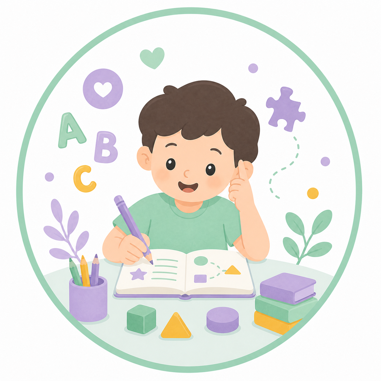 Ilustración de Psicopedagogía con materiales de aprendizaje.